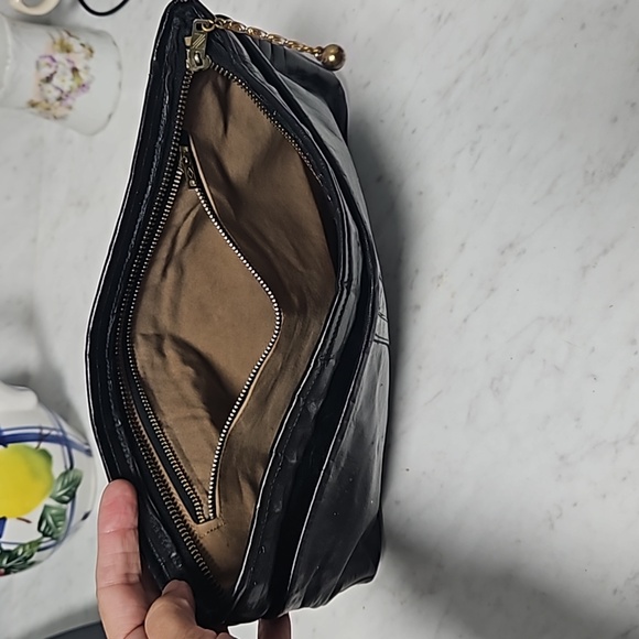 12.5×9 lg Soft black leather tan suede vintage Large purse  pull tag chain - Picture 8 of 17